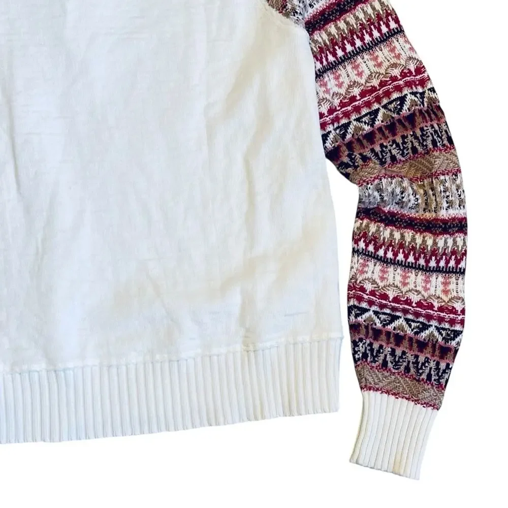 Sundance Women’s Sz S White Quarter Zip Sweater Fair Isle Sleeve Knit Cotton